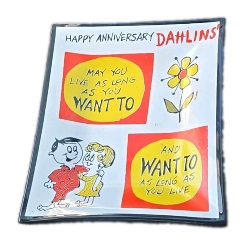 Vintage Houze Art Bent Glass Happy Anniversary Dahlins' Trinket Tray MCM Wife